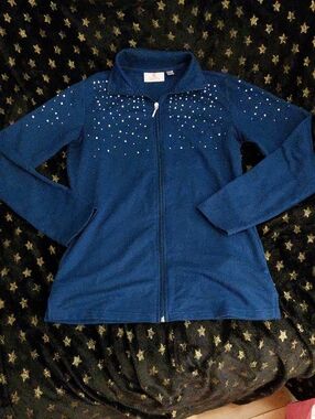 Quacker Factory Navy Zip Up With Pearls & Rhinestones